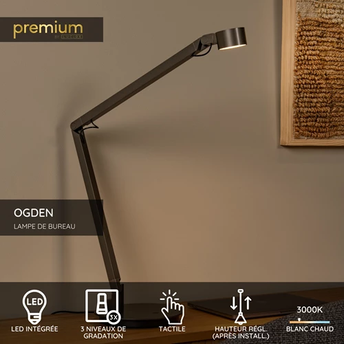 Lucide OGDEN - Lampe de bureau - LED 3 StepDim - 1x7W 3000K - Fer gris | Premium - USP
